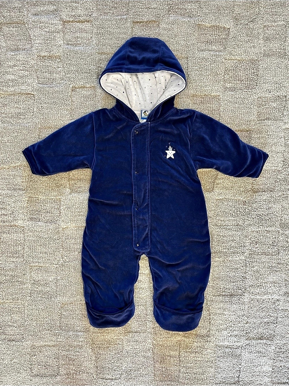 VTG Lullaby Club Navy Blue Velour Hooded Romper Snowsuit Bunting - 12M